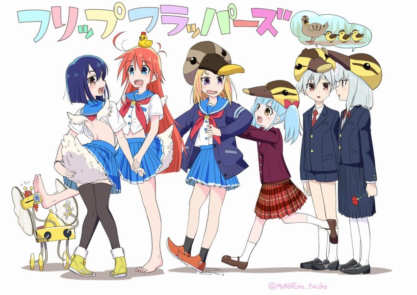1boy 5girls ahoge antenna_hair ayanero_taicho barefoot bird black_legwear blazer blonde_hair blue_eyes blue_hair bow brown_eyes chicken copyright_name duck feet flip_flappers flower hair_bow hat jacket kokomine_cocona long_hair multicolored_hair multiple_girls no_shoes nyunyu open_mouth orange_hair pantyhose papika_(flip_flappers) pleated_skirt purple_eyes red_eyes robot school_uniform serafuku short_hair short_shorts shorts skirt smile soles streaked_hair tail thighhighs toes toto_(flip_flappers) tt-392 twitter_username two_side_up white_legwear wings yayaka yuyu_(flip_flappers)