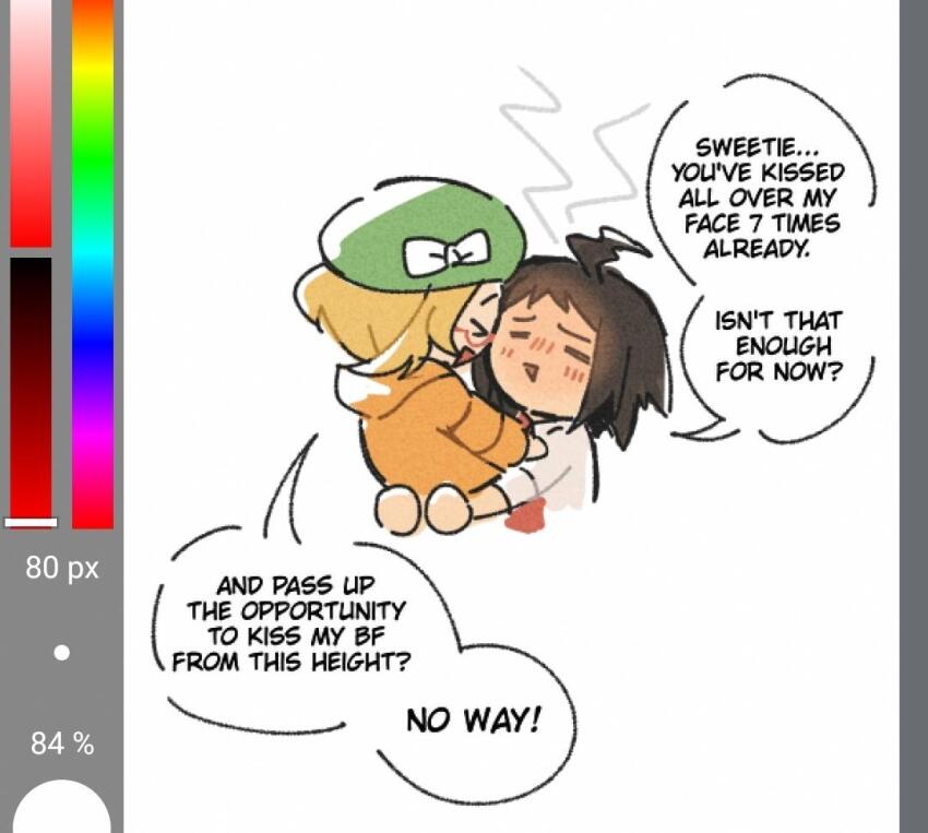 &gt;_&lt; 1boy 1girl :d ahoge art_program_in_frame beret bianca_(pokemon) blush bow cheren_(pokemon) chibi closed_eyes commentary english_commentary english_text glasses green_hat hat hat_bow hetero hood hood_down hooded_jacket jacket miiyokoe necktie nintendo open_mouth orange_jacket pokemon pokemon_bw2 semi-rimless_eyewear shirt smile speech_bubble white_background white_bow white_shirt
