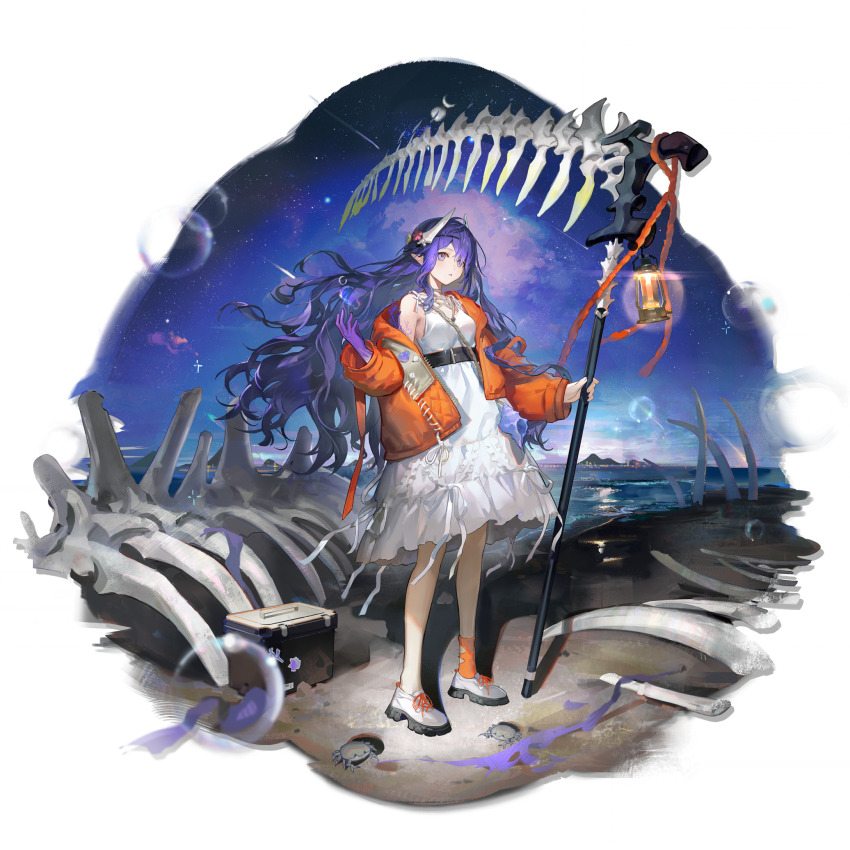 1girl arknights beach blue_eyes blue_hair blue_skin bone bone_hair_ornament bone_weapon bubble city_lights colored_skin conch cooler coral crab dress flower frilled_skirt frills full_body giant_skeleton hair_flower hair_ornament hanging_lantern highmore_(arknights) highmore_(stranded)_(arknights) highres hoirn holding holding_scythe jacket long_hair looking_at_viewer night night_sky ocean official_alternate_costume official_art open_mouth orange_jacket orange_socks outdoors pink_flower ribbon rope scythe seashell shell shooting_star single_sock skeleton skirt sky socks solo third-party_source transparent_background wavy_hair white_dress white_ribbon yellow_flower zipper
