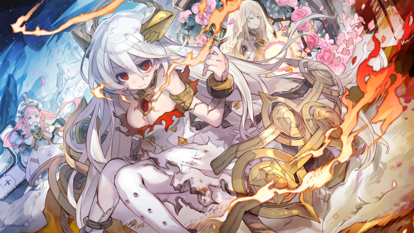 3girls alchemy_stars anklet blonde_hair bracer breasts burnt_clothes capelet cleavage closed_mouth commentary_request cracked_skin cross_(weapon) dress dutch_angle falling_petals fire flower gabriel_(alchemy_stars) haku_(sabosoda) hand_up highres jewelry large_breasts long_hair multiple_girls necklace night one_eye_closed open_mouth outdoors partial_commentary petals pink_eyes pink_flower pink_hair raphael_(alchemy_stars) red_eyes robe smile sparks strapless strapless_dress teeth torn_clothes two_side_up upper_teeth_only uriel_(alchemy_stars) veil white_capelet white_dress white_hair white_headwear white_legwear white_robe