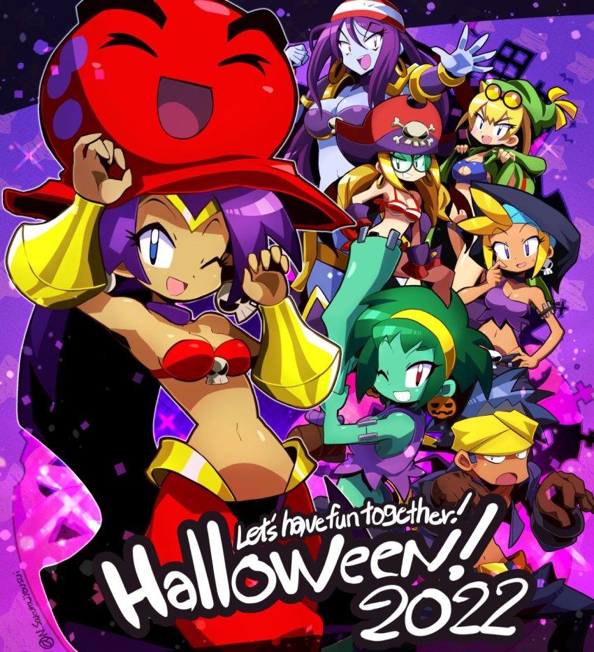 1boy 6+girls bare_shoulders bikini blonde_hair bolo_(shantae) breasts dark-skinned_female dark_skin goggles halloween halloween_costume hat highres large_breasts long_hair looking_at_viewer multiple_girls one_eye_closed pirate_hat ponytail purple_hair risky_boots rottytops sakurajyousui_nami shantae shantae_(series) short_hair sky_(shantae) sleeveless squid_baron swimsuit twitch_(shantae) very_long_hair vinegar_(shantae) wink zombie