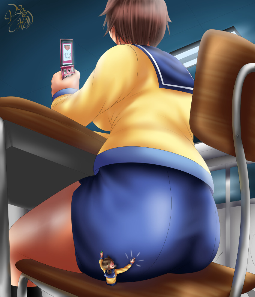 2girls absurdres ass blush breasts brown_hair cellphone chair corpse_party desk from_behind from_below giant giantess highres huge_ass kogochew large_breasts mini_person minigirl multiple_girls nakashima_naomi phone school_uniform shinohara_seiko shiny_clothes short_hair sideboob sitting sitting_on_person skirt smile