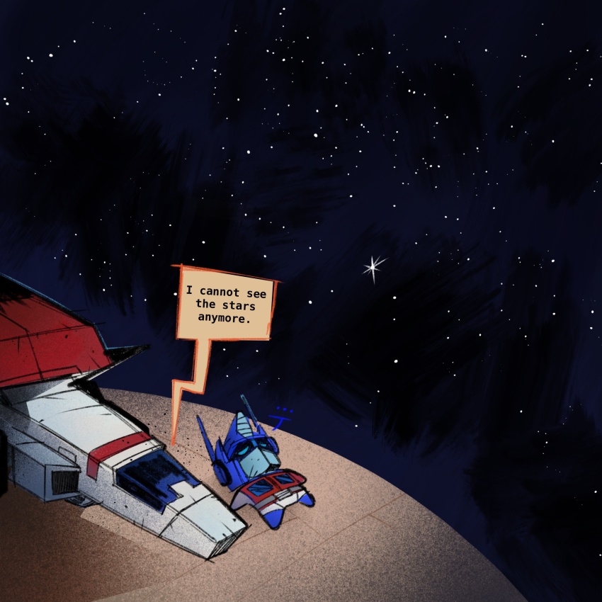 ... aircraft airplane autobot blue_eyes chibi commentary do_you_like_stars?_ya_they&#039;re_cool_(meme) english_commentary english_text highres jetfire kollvox looking_up lying mecha meme optimus_prime robot scene_reference transformers transformers_(skybound)