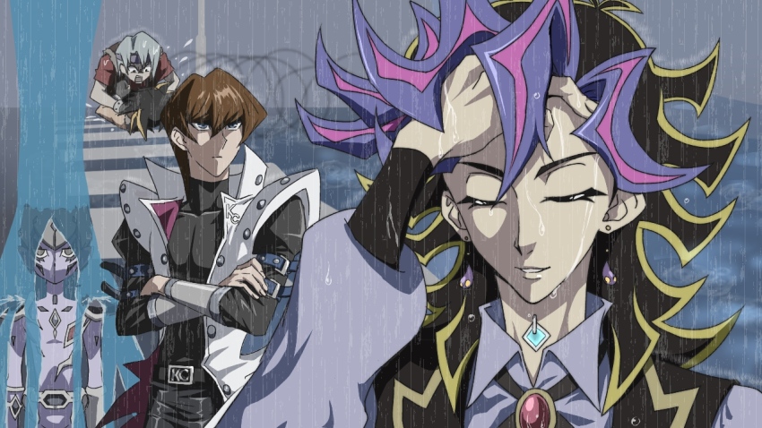 5boys adjusting_hair ahoge ai_(yu-gi-oh!) alternate_form arm_belt arm_strap armor arms_at_sides barbed_wire black_hair black_necktie black_pants black_shirt black_vest blue_eyes body_markings brown_hair brown_vest chaya_mago closed_eyes coat colored_bangs commentary crossed_arms dress_shirt durbe_(yu-gi-oh!) earrings face_down facial_mark facing_another facing_to_the_side facing_viewer fudo_yusei grey_hair grey_headband grey_sky hand_in_own_hair hand_on_own_face hand_on_own_forehead hands_on_another&#039;s_back hands_on_ground headband humanoid_robot in-franchise_crossover jacket jewelry kaiba_seto kiryu_kyosuke looking_at_another looking_at_viewer loose_necktie lying male_focus metal_wrist_cuffs multiple_boys necktie on_ground on_stomach open_clothes open_jacket open_vest outdoors pants parody popped_collar purple_shirt rain red_shirt robot screaming shirt shoulder_armor sky spiked_hair trench_coat vest water waterfall wet wet_clothes wet_face wet_hair wet_shirt white_coat yu-gi-oh! yu-gi-oh!_5d&#039;s yu-gi-oh!_the_dark_side_of_dimensions yu-gi-oh!_vrains yu-gi-oh!_zexal