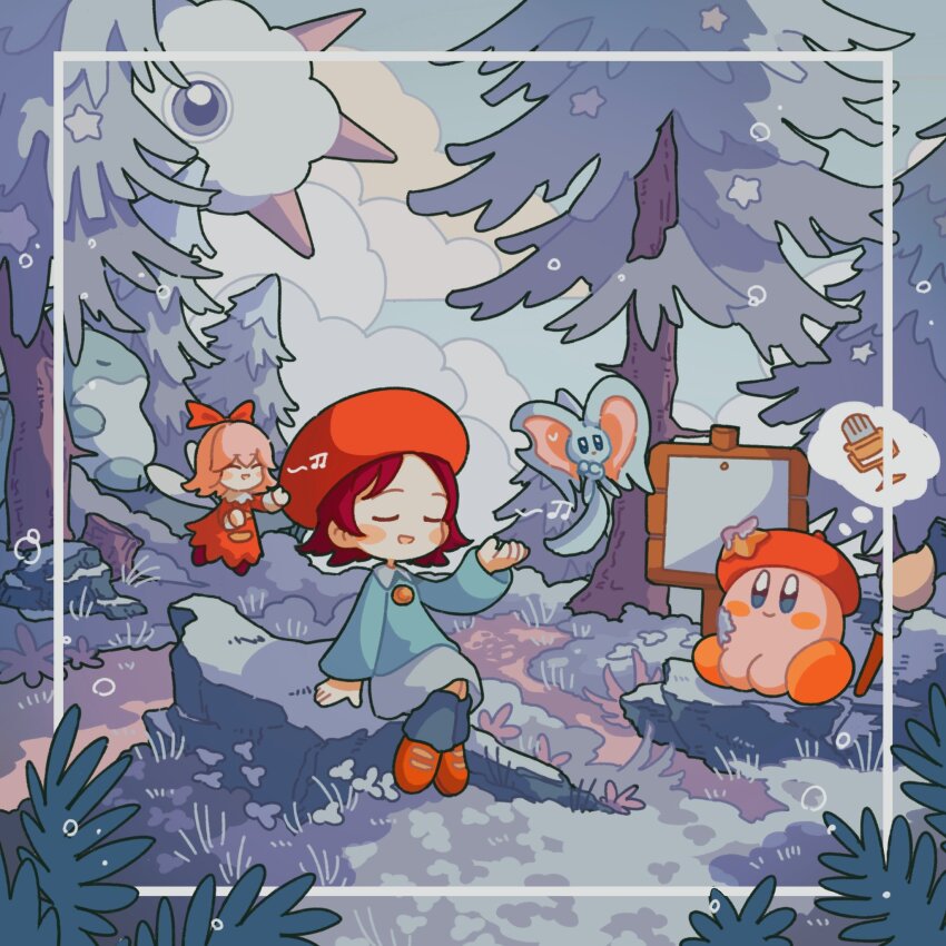2girls :d ^_^ adeleine beamed_eighth_notes beret black_socks blue_eyes blue_sky blush blush_stickers brown_hair closed_eyes closed_mouth cloud cloudy_sky collared_shirt copy_ability day dress elfilin fairy fairy_wings forest glef_life grass green_shirt grey_skirt hair_between_eyes hair_ribbon hand_up hands_up hat hat_ornament highres ice_dragon_(kirby) kirby kirby_(series) kracko long_sleeves loose_socks microphone multiple_girls music musical_note nature nintendo notched_ear on_ground one-eyed open_mouth outdoors paint_kirby paintbrush parted_bangs path pine_tree pink_hair plant red_dress red_footwear red_hat red_ribbon ribbon ribbon_(kirby) road rock shirt shoes short_hair sign singing sitting skirt sky smile socks speech_bubble spikes star_(symbol) star_hat_ornament sweatdrop thought_bubble tree tree_stump u_u wings