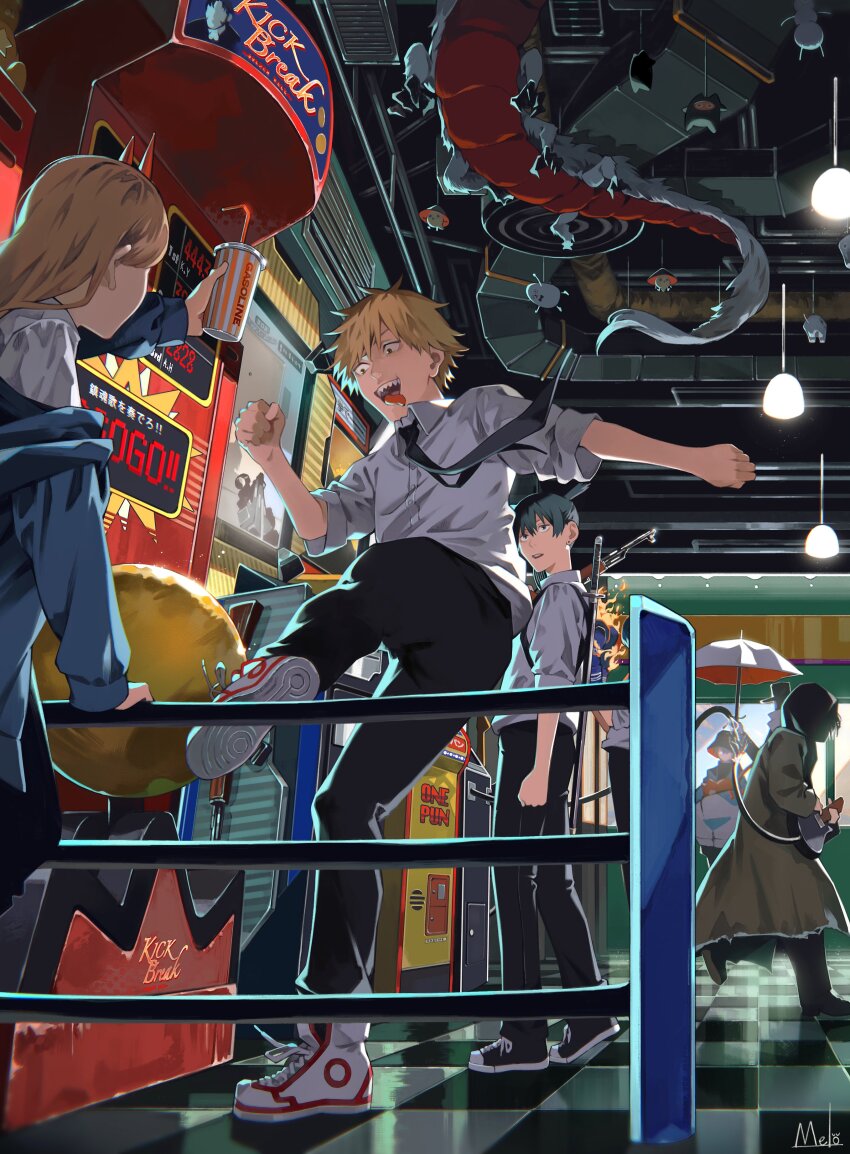 1girl 4boys absurdres arm_up artist_name black_hair black_necktie black_pants blonde_hair blue_hoodie brown_coat chainsaw_man chest_belt coat collared_shirt cup denji_(chainsaw_man) dragon eastern_dragon electric_guitar eve_(utaite) floating_neckwear guitar hayakawa_aki highres hitotsume-sama holding holding_cup holding_instrument hood hoodie horns indie_utaite instrument jacket jacket_partially_removed katana_man_(chainsaw_man) kick_back_(song) kicking kyuuba_melo long_hair looking_at_another looking_to_the_side multiple_boys necktie open_mouth pants power_(chainsaw_man) red_horns sharp_teeth shirt shirt_tucked_in short_hair smile sword sword_on_back teeth tile_floor tiles tongue tongue_out topknot weapon weapon_on_back white_shirt