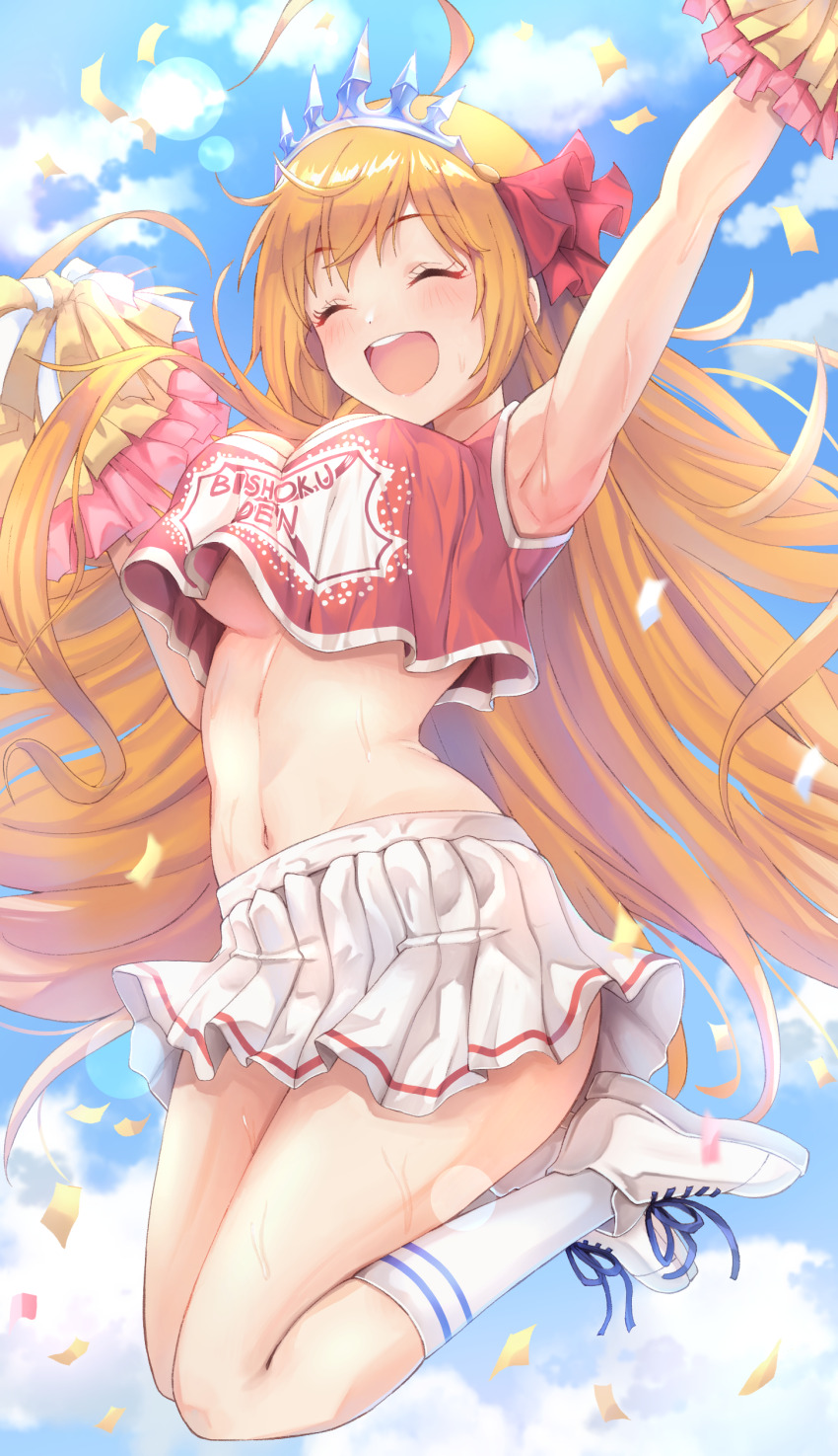 1girl :d absurdres ahoge alternate_costume arm_up armpits bare_shoulders blue_sky blush breasts cheering cheerleader cleavage closed_eyes cloud commentary confetti crop_top crop_top_overhang day full_body groin hair_between_eyes hair_ribbon highres holding holding_pom_poms jumping kneehighs large_breasts long_hair miniskirt navel open_mouth orange_hair pecorine_(princess_connect!) pleated_skirt pom_pom_(cheerleading) pom_poms princess_connect! rabenga red_ribbon red_shirt ribbon shirt shoes sidelocks skirt sky sleeveless sleeveless_shirt smile sneakers socks solo stomach sweat teeth tiara underboob upper_teeth_only very_long_hair white_shoes white_skirt white_socks