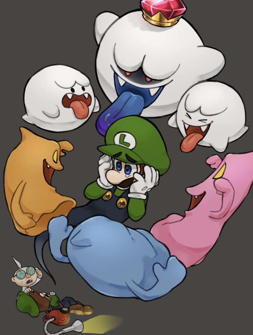 3boys blue_eyes blue_overalls boo_(mario) brown_hair crown facial_hair flashlight ghost gloves green_shirt hat highres king_boo luigi luigi&#039;s_mansion male_focus mario_(series) mimimi_(mimimim9999) multiple_boys mustache nintendo open_mouth overalls poltergust_3000 professor_elvin_gadd sharp_teeth shirt short_hair smile teeth tongue tongue_out