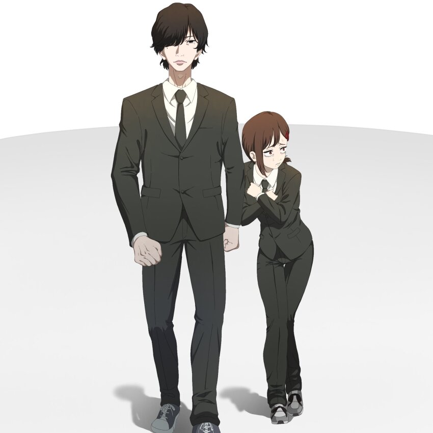1boy 1girl black_hair black_jacket black_necktie black_pants brown_hair chainsaw_man collared_shirt gyoza_2001 hair_over_one_eye height_difference higashiyama_kobeni highres jacket leaning_forward light_frown looking_at_viewer looking_to_the_side meme mole mole_under_eye necktie pants real_life shadow shirt short_hair simple_background single_sidelock standing white_background white_shirt yonezu_kenshi_(person)