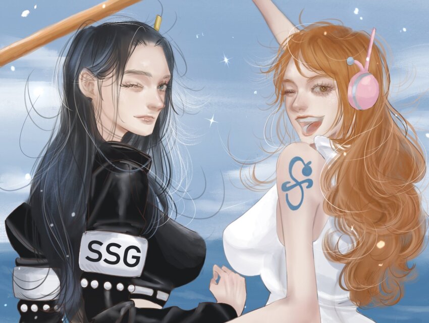 2girls arm_tattoo back black_hair blue_sky closed_mouth eyelashes hashtag-only_commentary high_collar highres holding holding_staff jacket leather leather_jacket long_hair long_sleeves looking_back multiple_girls nami_(one_piece) nami_(one_piece)_(egghead) nico_robin nico_robin_(egghead) ocean one_eye_closed one_piece open_mouth orange_eyes orange_hair rihirihi613 sky sleeveless smile snowing staff tattoo upper_body wink