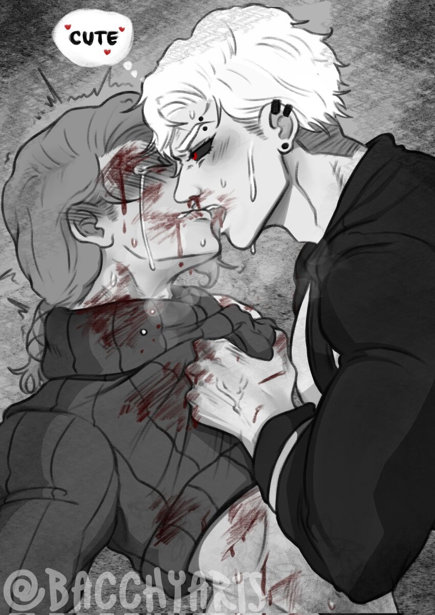 2boys bacchyarts bleeding blood braid closed_eyes clothes_grab coat colored_sclera crying english_text highres jojo_no_kimyou_na_bouken licking_another&#039;s_face long_hair male_focus monochrome multiple_boys red_eyes risotto_nero speech_bubble sweat sweater thought_bubble tongue tongue_out vento_aureo vinegar_doppio yaoi