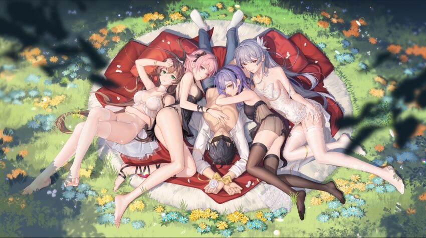 1boy 4girls absurdres arm_rest arms_up bai_ou_(crazy_ones) bare_arms bare_legs bare_shoulders barefoot bdsm belt black_belt black_bow black_hair black_hairband black_negligee black_panties black_ribbon black_thighhighs blindfold blue_flower blue_pants blurry blurry_foreground bondage bound bound_wrists bow branch breasts bridal_legwear brown_hair choker cleavage closed_mouth crazy_ones crossed_legs cushion daisy_(flower) denim dress floral_print floral_print_dress flower frilled_hairband frilled_negligee frills from_above gloves grass green_eyes grey_hair hair_bow hair_flower hair_ornament hairband hand_on_another&#039;s_chest hand_on_own_head hand_on_own_stomach harem highres jeans lace-trimmed_choker lace_trim leaf leg_ribbon lingerie long_hair looking_at_viewer lying medium_breasts multicolored_hair multiple_girls navel no_shoes official_art on_back on_ground on_side open_clothes open_shirt orange_eyes panties pants parted_lips pectorals pink_eyes pink_hair print_dress profile protagonist_(crazy_ones) purple_hair qianye_zhizi red_eyes ribbon see-through_clothes see-through_gloves see-through_nightgown shirt short_hair side-tie_panties smile socks strapless strapless_dress streaked_hair striped_clothes striped_panties su_xiaoye thigh_strap thighhighs underwear upside-down very_long_hair white_choker white_footwear white_hairband white_negligee white_panties white_shirt white_socks white_thighhighs xia_bing_(crazy_ones) yellow_flower