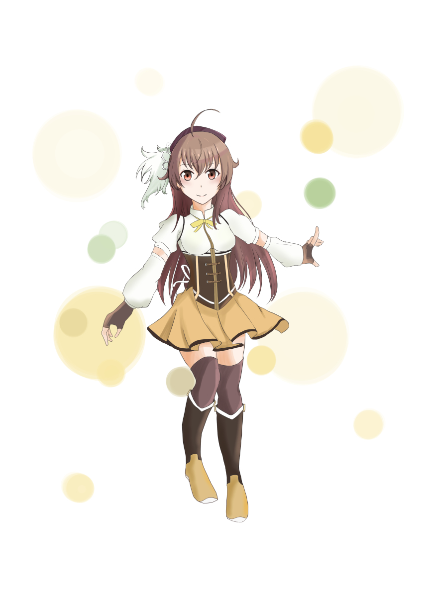 1girl absurdres ahoge amamiya_mimori brown_hair cosplay highres mahou_shoujo_madoka_magica shadowverse skirt tomoe_mami tomoe_mami_(cosplay) yellow_skirt