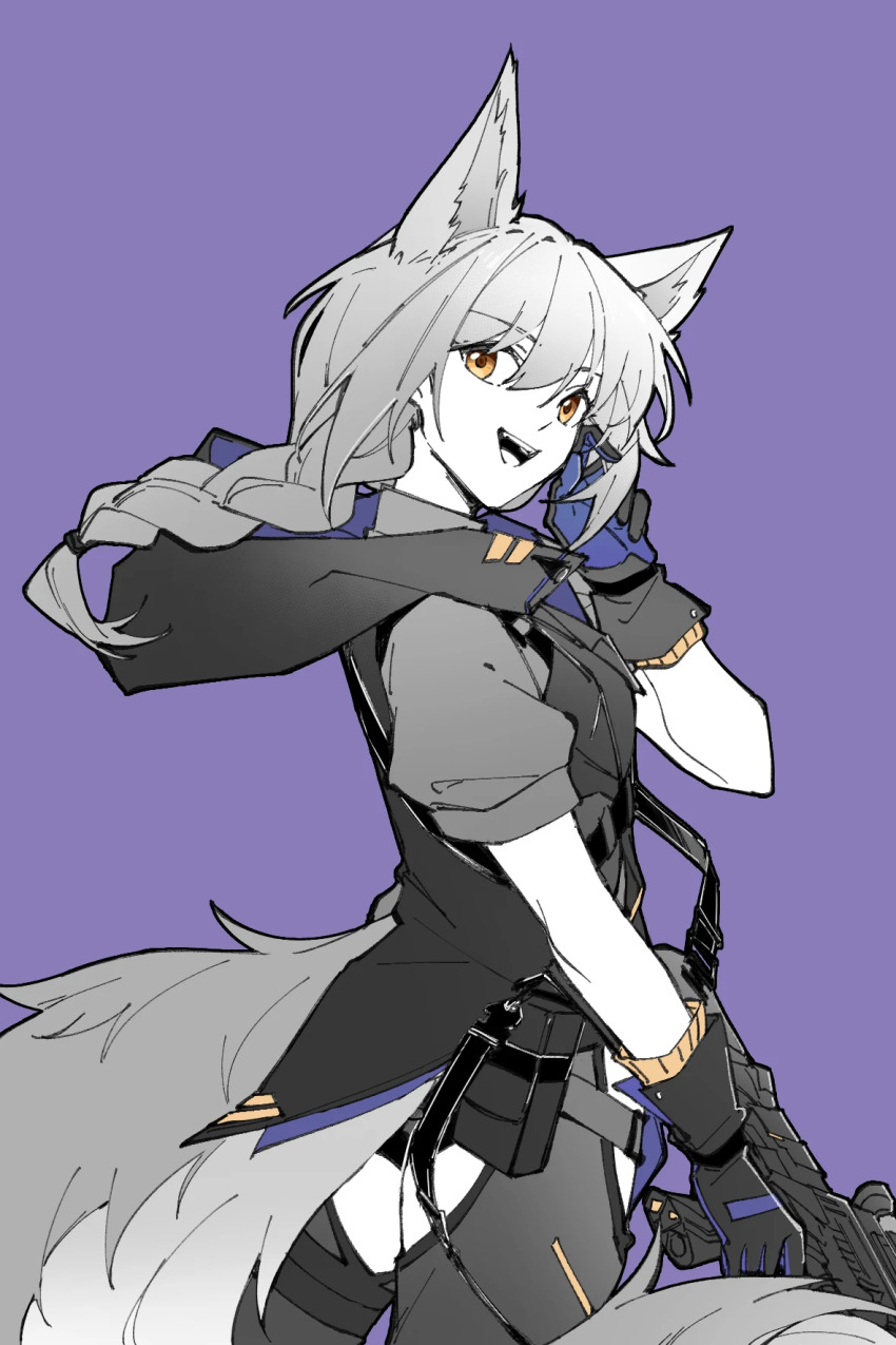 1girl :d animal_ears arknights arm_up braid chinese_commentary commentary_request cowboy_shot gloves hair_between_eyes hand_in_own_hair highres holding hood hood_down hooded_vest hoodie long_hair open_mouth partial_commentary partially_colored piaoliu_ping_ping_ping_pingzi provence_(arknights) purple_background shirt short_sleeves simple_background smile solo standing tail turning_head vest yellow_eyes