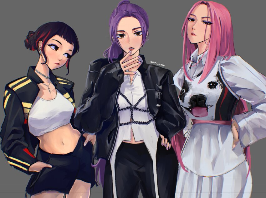 3girls ashuri_aato black_hair black_jacket black_shorts blush brown_eyes closed_mouth collared_shirt commentary crop_top double_bun earrings eyeshadow grey_background hair_bun hands_in_pockets hands_on_own_hips highres jacket jewelry kpop_demon_hunters looking_at_viewer looking_to_the_side makeup mascara mira_(kpop_demon_hunters) multiple_girls navel pendant pink_hair ponytail purple_eyeshadow purple_hair purple_nails red_streaks rumi_(kpop_demon_hunters) shirt short_bangs shorts sidelocks simple_background twitter_username zoey_(kpop_demon_hunters)