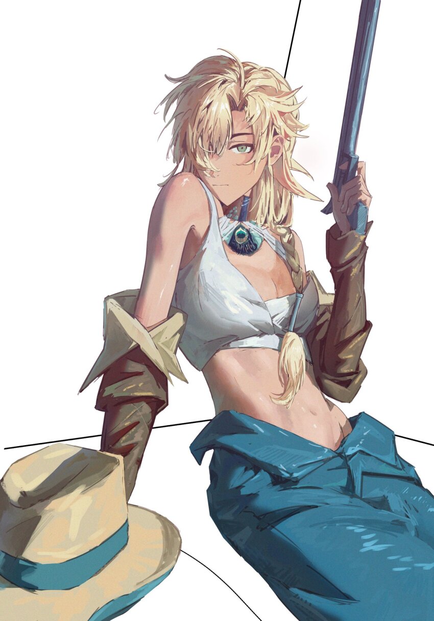 argus_(reverse:1999) arm_support bare_shoulders blonde_hair breasts brown_hat brown_sleeves cleavage cowboy_hat detached_sleeves finger_on_trigger green_eyes green_pants gun hair_over_one_eye hand_up handgun hat highres holding holding_gun holding_weapon large_breasts long_braid looking_at_viewer midriff moondown_(twtmoondown) navel one_eye_covered pants peacock_feathers reverse:1999 rifle sitting tank_top unworn_headwear weapon white_background white_tank_top