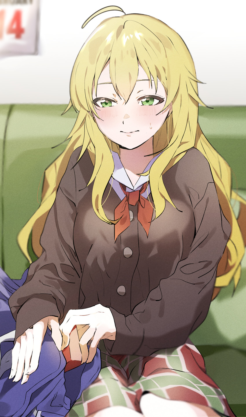 1girl absurdres ahoge bag blonde_hair blush breasts brown_shirt closed_mouth facing_viewer green_eyes highres hoshii_miki idolmaster idolmaster_(classic) indoors katsu_(kana) long_hair long_sleeves looking_to_the_side shirt sitting skirt solo sweatdrop