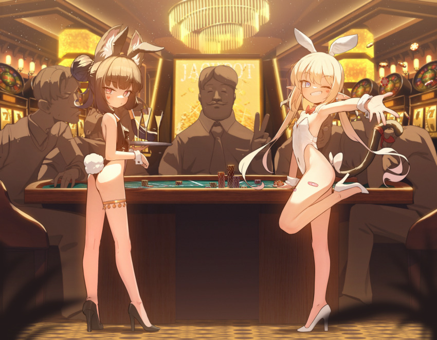 2girls 5boys absurdres alcohol animal_ear_fluff animal_ear_hairband animal_ears ass bandaid bandaid_on_leg black_hair black_leotard black_shoes blonde_hair blue_eyes bow bowtie braid breasts bun_with_braided_base casino casino_card_table cat_tail closed_eyes cocktail_glass collared_shirt commentary commission covered_navel cup detached_collar domado dress_shirt drinking_glass facial_hair facial_mark fake_animal_ears fake_tail flat_chest grin hair_bun hairband heart heart_facial_mark high_heels highleg highleg_leotard highres holding holding_tray indoors leotard long_hair looking_at_viewer multiple_boys multiple_girls mustache neck one_eye_closed original outstretched_arm pixiv_commission playboy_bunny pointy_ears poker_chip pumps rabbit_ear_hairband rabbit_ears rabbit_tail red_bow red_bowtie red_eyes shirt shoes short_hair sitting slot_machine small_breasts smile standing standing_on_one_leg strapless strapless_leotard table tail thigh_strap tray twintails v very_long_hair white_leotard white_shoes white_wrist_cuffs wrist_cuffs