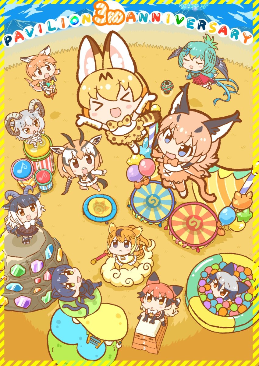 &gt;_&lt; 6+girls :c :d :o animal_ears animal_print anniversary apron arms_up ball_pit balloon bird_tail bird_wings black_eyes black_hair black_leopard_(kemono_friends) blonde_hair blue_eyes bow bowtie brown_eyes brown_hair caracal_(kemono_friends) chibi circlet closed_mouth cloud dall_sheep_(kemono_friends) day dress drum dual_wielding elbow_gloves extra_ears fisheye floating fox_ears fox_girl fox_tail from_above full_body gazelle_ears gazelle_horns gazelle_tail gloves golden_snub-nosed_monkey_(kemono_friends) grey_hair head_wings highres himalayan_tahr_(kemono_friends) holding holding_weapon horns instrument jumping kangaroo_ears kangaroo_tail kemono_friends kemono_friends_pavilion kotobuki_(tiny_life) leopard_ears leopard_tail light_brown_hair long_hair looking_at_another medium_hair monkey_ears monkey_tail multicolored_hair multiple_girls open_mouth orange_eyes orange_hair outdoors playground_equipment_(kemono_friends_pavilion) pogo_stick red_fox_(kemono_friends) red_hair red_kangaroo_(kemono_friends) resplendent_quetzal_(kemono_friends) serval_(kemono_friends) serval_tail sheep_ears sheep_girl sheep_horns shirt short_dress silver_fox_(kemono_friends) sitting skirt sleeveless sleeveless_shirt smile standing tail thomson&#039;s_gazelle_(kemono_friends) traditional_bowtie trampoline twintails two-tone_hair v-shaped_eyebrows wading_pool weapon white_hair wings xd yellow_eyes