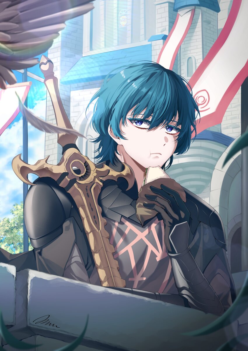 1boy a_(asan_a_aa) absurdres arm_up armor armored_gloves black_armor black_gloves black_gorget black_shirt blue_eyes building male_byleth_(fire_emblem) cathedral chewing cloud eating fire_emblem fire_emblem:_three_houses food gloves gorget green_hair highres holding holding_food holding_sandwich light_particles looking_to_the_side male_focus nintendo ornate_weapon outdoors pauldrons sandwich shirt shoulder_armor sideways_glance sky solo sword sword_of_the_creator tree weapon