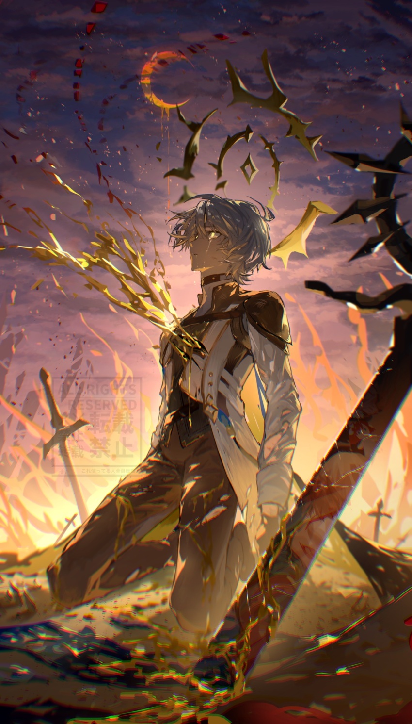 1boy antenna_hair armor black_choker black_pants black_shirt blue_cape cape choker coat commentary_request crying crying_with_eyes_open halo halo_behind_head highres honkai:_star_rail honkai_(series) injury kneeling male_focus nero_hanken pants pauldrons phainon_(honkai:_star_rail) planted planted_sword planted_weapon shirt short_hair shoulder_armor single_pauldron solo sword tears weapon white_coat white_hair yellow_blood yellow_eyes yellow_halo