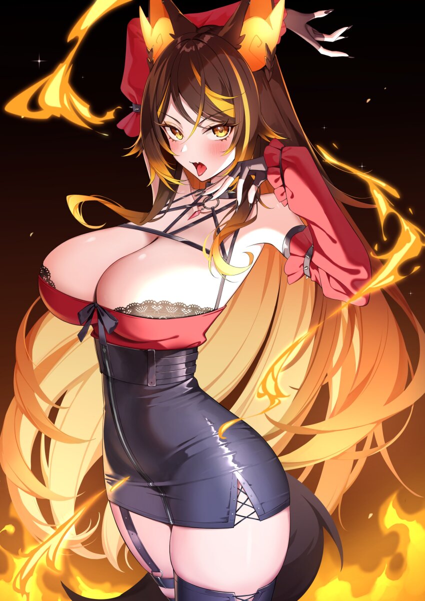 1girl absurdres animal_ears breasts brown_hair cleavage collar fiery_ears gawawawa highres indie_virtual_youtuber large_breasts long_hair looking_at_viewer multicolored_hair open_mouth orange_eyes orange_fire orange_hair sinder_(vtuber) solo spikes streaked_hair tail thighhighs tongue tongue_out virtual_youtuber wolf_ears wolf_girl wolf_tail
