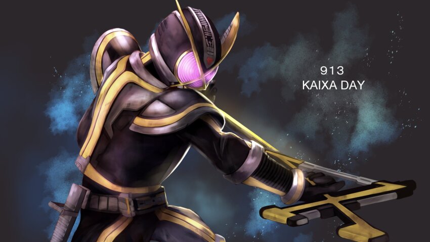 1boy armor belt black_footwear bodysuit commentary_request glowing glowing_eyes helmet highres holding holding_weapon kaixa_blaygun kamen_rider kamen_rider_555 kamen_rider_kaixa male_focus neon_trim solo sword tokusatsu tsubasansan weapon