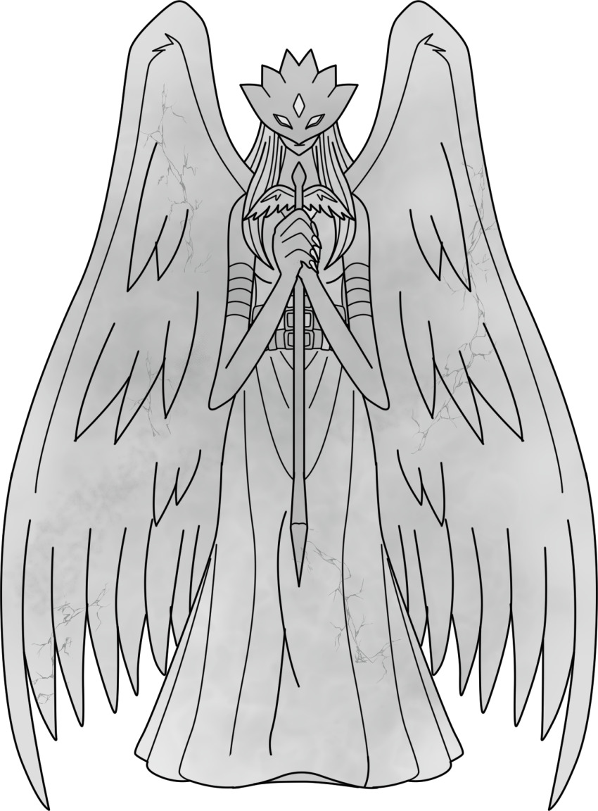 1girl digimon digimon_xros_wars female_focus goddess_(digimon_xros_wars) highres mask solo statue sword weapon wings