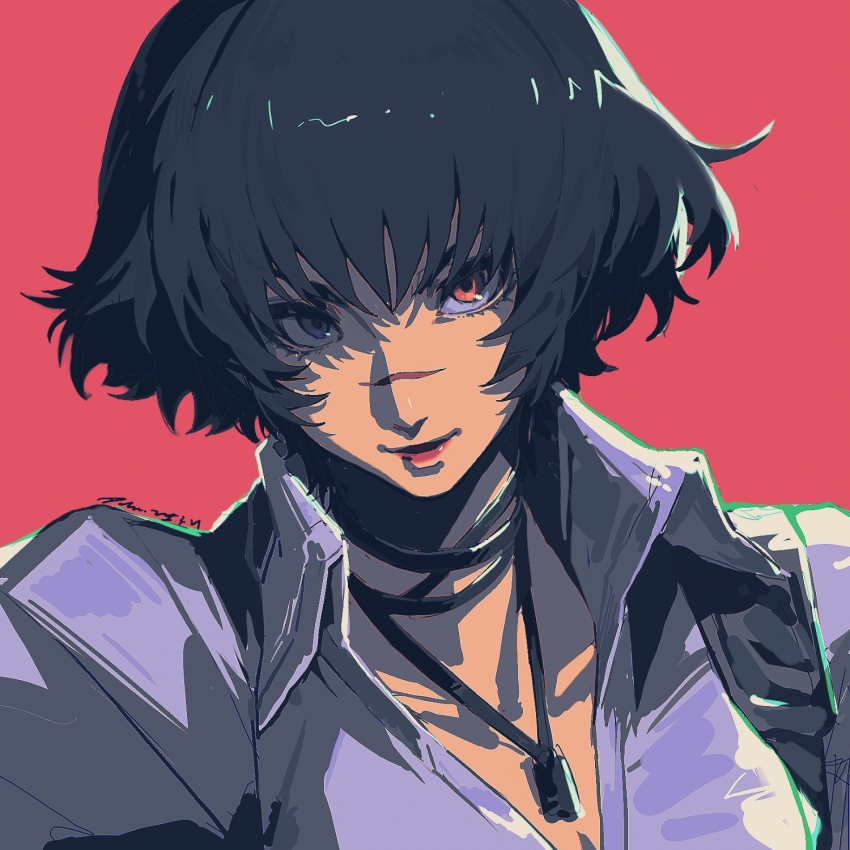 1girl black_hair dele14375735 devil_may_cry_(series) green_eyes heterochromia highres jewelry lady_(devil_may_cry) looking_at_viewer necklace pink_background red_eyes scar scar_on_face scar_on_nose shirt signature simple_background white_shirt