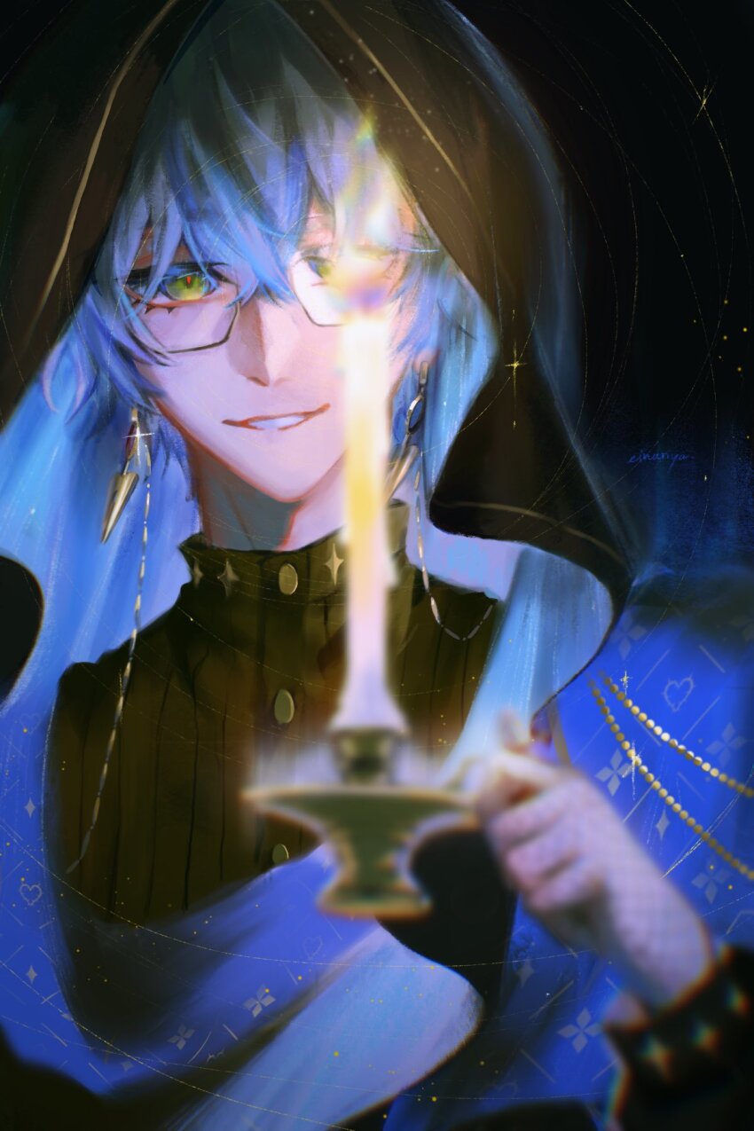 1boy black_shirt black_veil blue_hair blue_veil blurry blurry_foreground candle candlestand earrings einariya eyewear_strap glass gradient_hair green_eyes green_hair hair_between_eyes highres holding_candlestand ike_eveland ike_eveland_(1st_costume) jewelry long_sleeves looking_at_viewer male_focus multicolored_hair nijisanji nijisanji_en parted_lips shirt signature smile solo upper_body veil virtual_youtuber