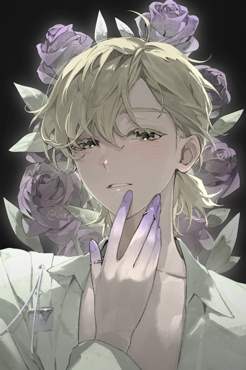 1boy alien_stage blonde_hair colored_extremities colored_eyelashes commentary flower hair_between_eyes hand_on_own_face hashtag-only_commentary highres luka_(alien_stage) male_focus moonie parted_lips portrait purple_flower purple_rose rose shirt short_hair signature solo white_shirt yellow_eyes
