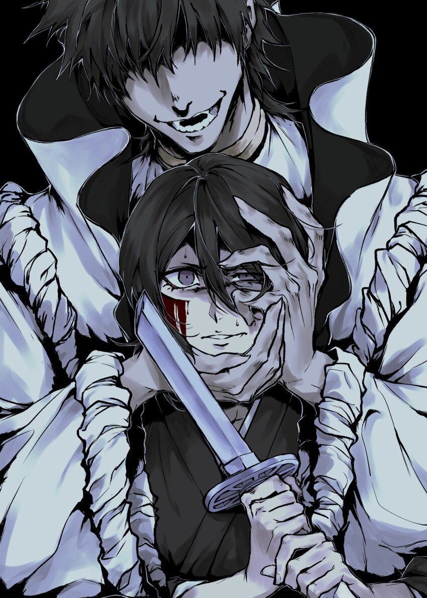 1boy 1girl aaroniero_arruruerie arrancar black_background black_hair black_kimono bleach blood blood_on_face broken broken_sword broken_weapon evil_smile hair_over_eyes head_grab high_collar highres holding holding_sword holding_weapon injury japanese_clothes kimono kuchiki_rukia looking_at_viewer losloslaus open_mouth parted_lips purple_eyes shaded_face shiba_kaien shihakusho smile sode_no_shirayuki_(shikai) sweat sword weapon zanpakutou