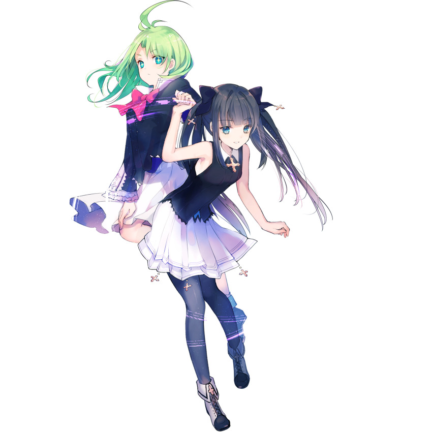 2girls ahoge arcaea bare_shoulders black_bow black_hair black_shirt blue_eyes blunt_bangs boots bow bowtie cierra_(ra-bit) closed_mouth cross cross-shaped_pupils full_body green_hair hair_bow hand_on_own_knee hand_up highres holding_hands long_hair long_sleeves looking_at_viewer multiple_girls official_art pantyhose pleated_skirt red_bow saya_(arcaea) shirt simple_background skirt sleeveless sleeveless_shirt smile symbol-shaped_pupils tairitsu_(arcaea) tone_sphere transparent_background trin_(tone_sphere) twintails white_footwear white_skirt