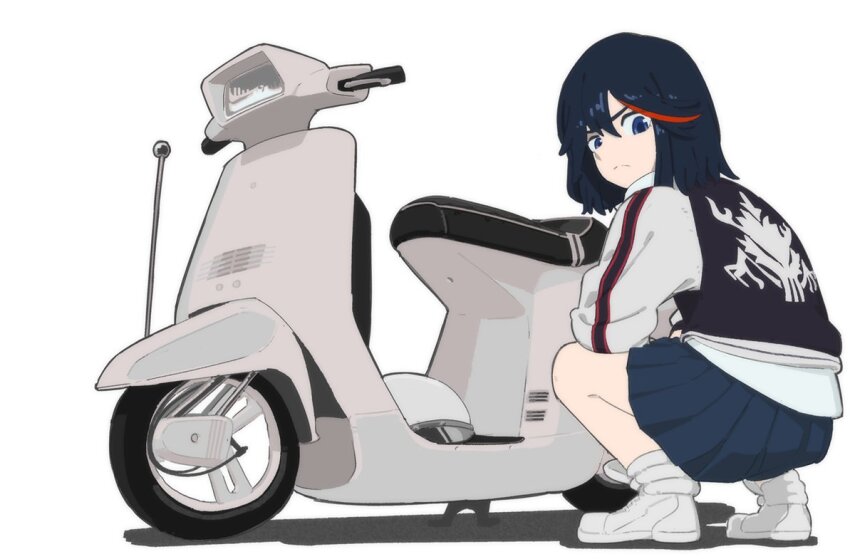 1girl black_hair black_jacket black_skirt blue_eyes from_behind frown fubarmoe grey_jacket jacket kill_la_kill long_sleeves matoi_ryuuko medium_hair motor_vehicle multicolored_hair pleated_skirt red_hair scooter simple_background skirt solo squatting two-tone_hair white_footwear