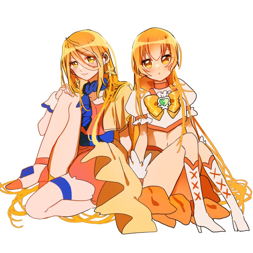 2girls blonde_hair boots closed_mouth cure_etoile cure_sunshine dress earrings frilled_dress frilled_skirt frills gloves hands_on_feet heartcatch_precure! high_heels highres hugtto!_precure jewelry kagayaki_homare legs long_hair miniskirt multiple_girls myoudouin_itsuki parted_bangs precure precure_all_stars ribbon sekiguchi_(mitemite_mitene) shoes short_sleeves sitting skirt star_(sky) stomach yellow_boots yellow_shoes