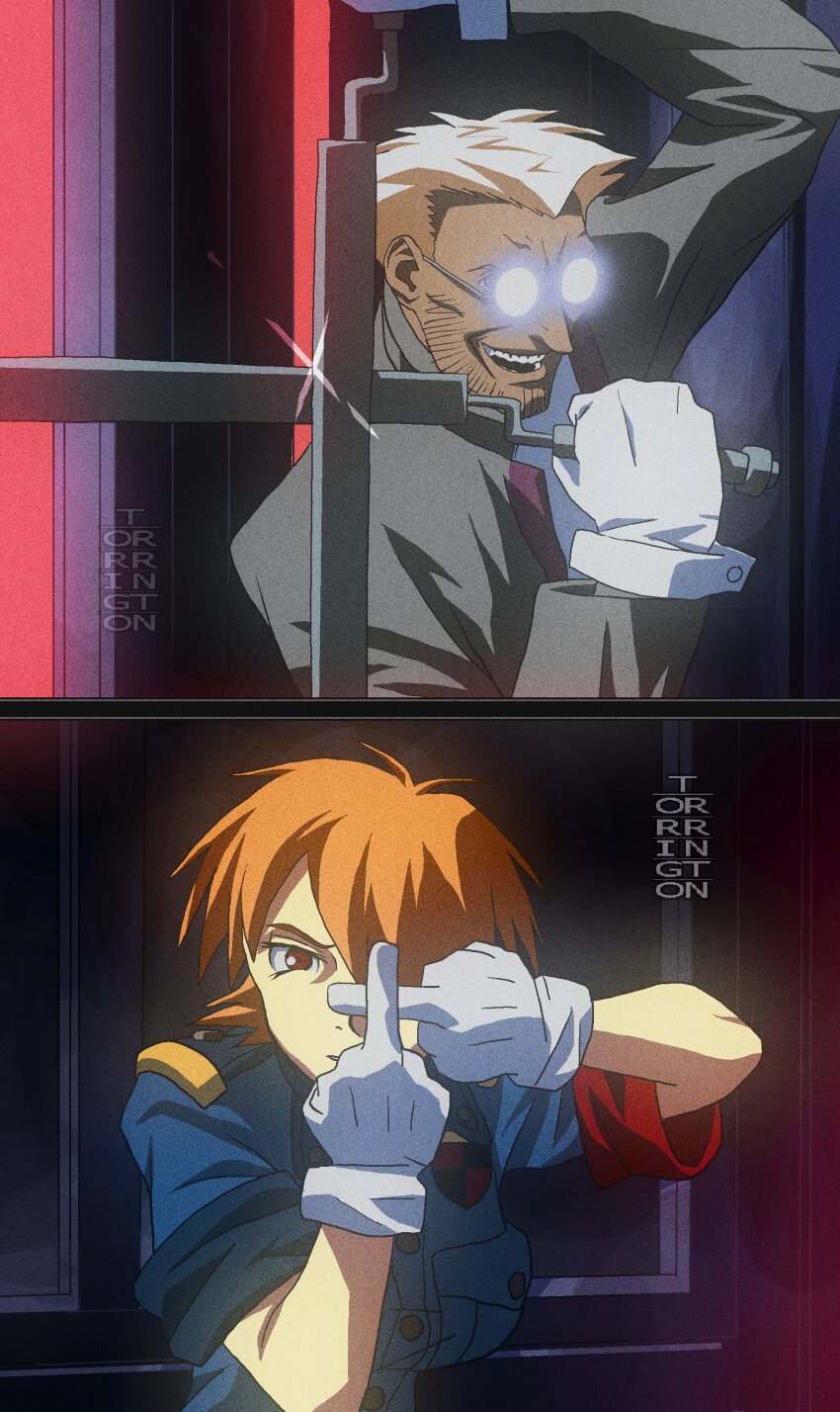 1boy 1girl absurdres alexander_anderson artist_name bayonet blonde_hair blue_shirt breasts coat crossed_swords dual_wielding evil_grin evil_smile film_grain gloves glowing_glasses grey_coat grin hellsing highres holding holding_sword holding_weapon large_breasts middle_finger military_patch military_uniform red_eyes round_eyewear seras_victoria shirt shoulder_boards sleeves_rolled_up smile sword sword_bayonet torrrington weapon white_gloves