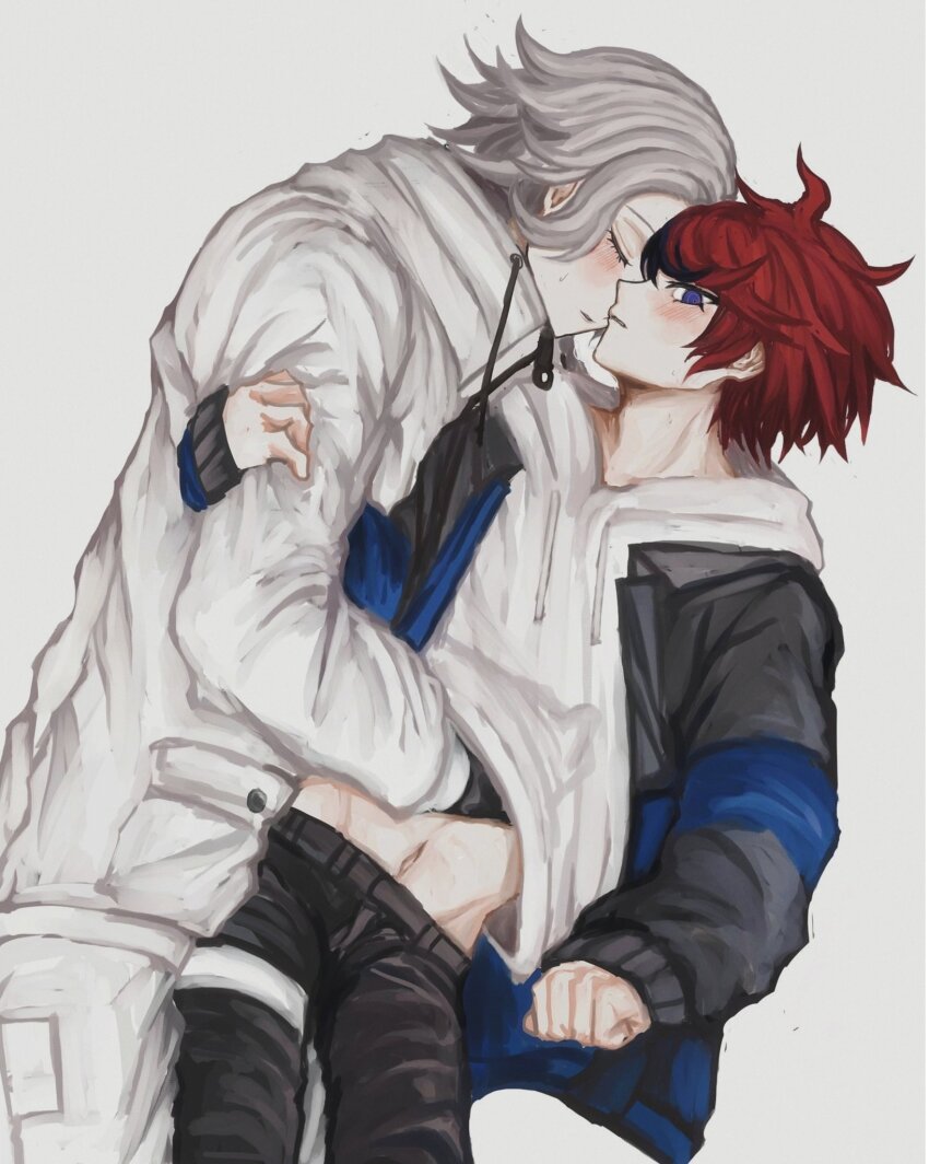 2boys aotsuki_eito black_gloves black_hair black_pants blue_eyes clothes_lift drawstring gloves highres hood hoodie hoodie_lift jacket looking_at_viewer male_focus multicolored_hair multiple_boys navel pants red_hair simple_background streaked_hair sumino_takumi the_hundred_line_-last_defense_academy- white_background white_hair white_hoodie white_jacket yaoi zipper zipper_pull_tab