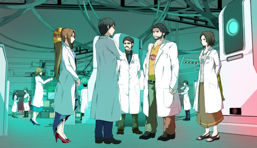 4girls 6+boys absurdres anklet beard black_footwear black_hair blue_skirt brown_hair brown_skirt crossed_arms facial_hair final_fantasy final_fantasy_vii full_body gast_faremis gillian_hewley grey_skirt hair_ribbon high_heels highres hollander jacket jewelry lab_coat laboratory loafers long_hair long_skirt lucrecia_crescent multiple_boys multiple_girls mustache nanao_(zonzonsh) parted_bangs ponytail professor_houjou pumps red_footwear ribbon sandals shirt shoes short_hair skirt sunglasses toeless_legwear v_arms white_jacket yellow_ribbon yellow_shirt