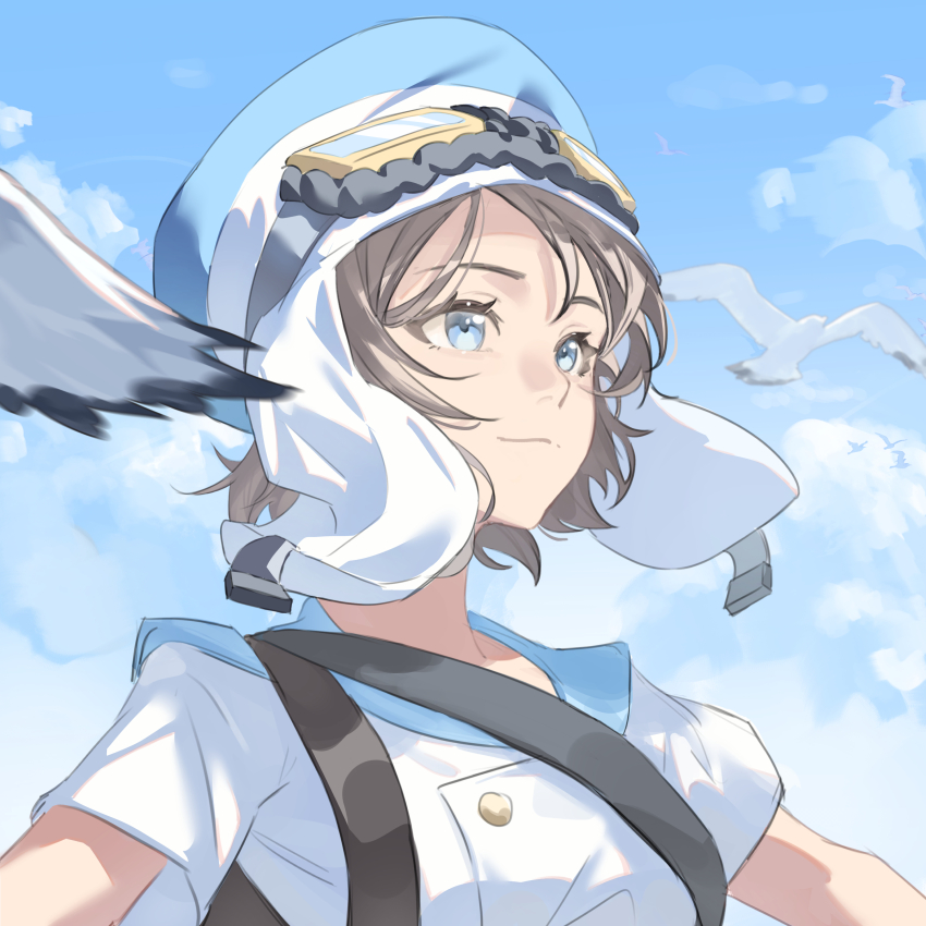 1girl absurdres aviator_cap aviator_goggles backpack bag bird bird_wings blue_eyes blue_sailor_collar blue_sky brown_hair closed_eyes cloud cloudy_sky from_side genjitsu_no_yohane goggles goggles_on_head grey_hair hat highres looking_to_the_side looking_up love_live! love_live!_sunshine!! official_alternate_costume outdoors outstretched_arms sailor_collar seagull short_hair short_sleeves shoulder_bag sky smile solo sunlight upper_body watanabe_you wavy_hair wings you_(genjitsu_no_yohane) zyq66