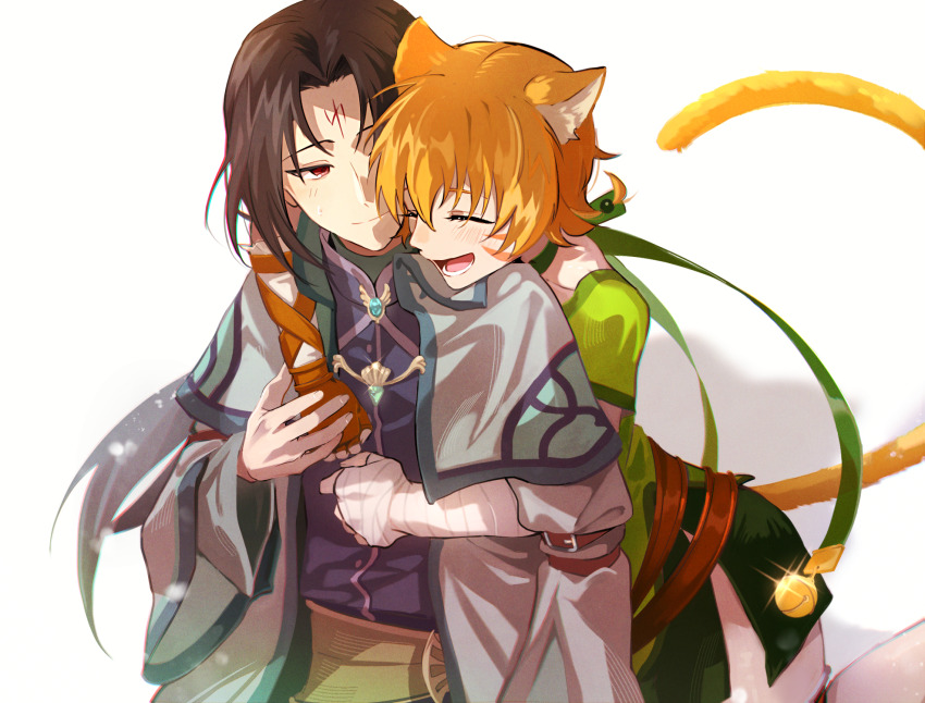 1boy 1girl animal_ears arm_belt bell belt belt_buckle black_hair blush brown_belt buckle cat_ears cat_girl cat_tail choker closed_eyes collar commission commissioner_upload facial_mark fire_emblem fire_emblem:_path_of_radiance fire_emblem:_radiant_dawn forehead_mark glowing_gem green_choker green_collar green_shorts hand_guard happy highres hug hug_from_behind kohamustoto laguz_(fire_emblem) lethe_(fire_emblem) light_blush nintendo official_alternate_costume open_mouth orange_hair orange_tail red_eyes robe shorts side_slit side_slit_shorts smile soren_(fire_emblem) soren_(radiant_confidant)_(fire_emblem) sweat sweatdrop tail whisker_markings white_background wrist_wrap