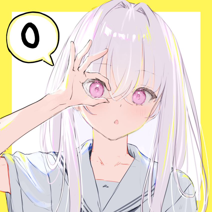 1girl :o blush chestnut_mouth collarbone commentary_request hair_intakes highres long_hair looking_at_viewer mignon open_mouth original pink_eyes portrait sailor_collar shirt simple_background solo white_background white_hair white_sailor_collar white_shirt yellow_background