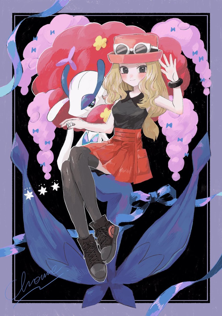 1girl black_shirt blush bracelet chome_(meme_chon) closed_mouth collared_shirt eyelashes eyewear_on_headwear florges florges_(red_flower) gen_6_pokemon grey_eyes hand_up hat high-waist_skirt highres jewelry looking_at_viewer nintendo pink_headwear pokemon pokemon_(creature) pokemon_xy red_skirt ribbon serena_(pokemon) shirt shoes signature skirt sleeveless sleeveless_shirt smile sneakers sunglasses thighhighs