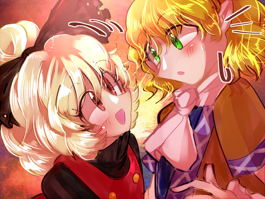 :d :o black_bow black_shirt blonde_hair blush bow brown_background brown_dress brown_eyes brown_shirt commentary_request dress green_eyes hair_bow hair_bun highres kurodani_yamame long_sleeves looking_at_another mizuhashi_parsee notice_lines open_mouth pinafore_dress pointy_ears scarf shippuu_jinnari shirt short_hair short_sleeves single_hair_bun sleeveless sleeveless_dress smile touhou upper_body white_scarf yuri