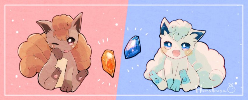 alolan_form alolan_vulpix animal_focus artist_name blue_background blue_eyes border brown_fur commentary_request creatures_(company) evolution_stone evolutionary_stone fang fire_stone game_freak gen_1_pokemon gen_7_pokemon hanabusaoekaki highres ice_stone multiple_tails nintendo no_humans one_eye_closed open_mouth pawpads pokemon pokemon_(creature) red_background sitting tail two-tone_background vulpix white_border white_fur