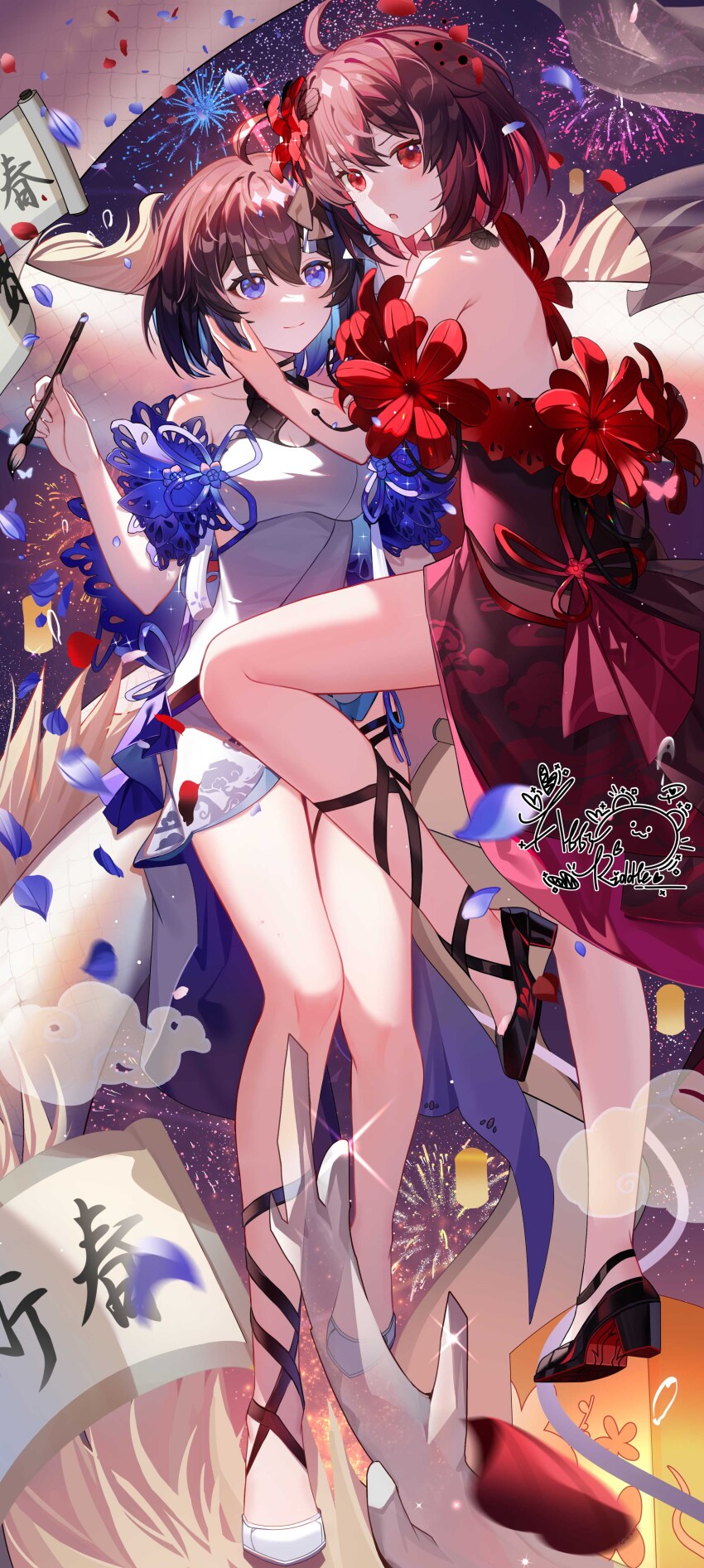 2girls abby_riddle absurdres black_dress black_footwear black_hair blue_flower blue_hair blue_petals calligraphy_brush chinese_commentary colored_inner_hair commentary dress dress_flower falling_petals flower flower-trimmed_dress full_body hand_on_another&#039;s_face high_heels highres holding holding_calligraphy_brush holding_paintbrush honkai_(series) honkai_impact_3rd knee_up legs looking_at_another looking_at_viewer multicolored_hair multiple_girls open_mouth paintbrush petals red_flower red_hair red_petals seele_(alter_ego) seele_vollerei seele_vollerei_(mirrored_flourishes) seele_vollerei_(stygian_nymph) short_hair signature two-tone_hair white_dress white_footwear yuri
