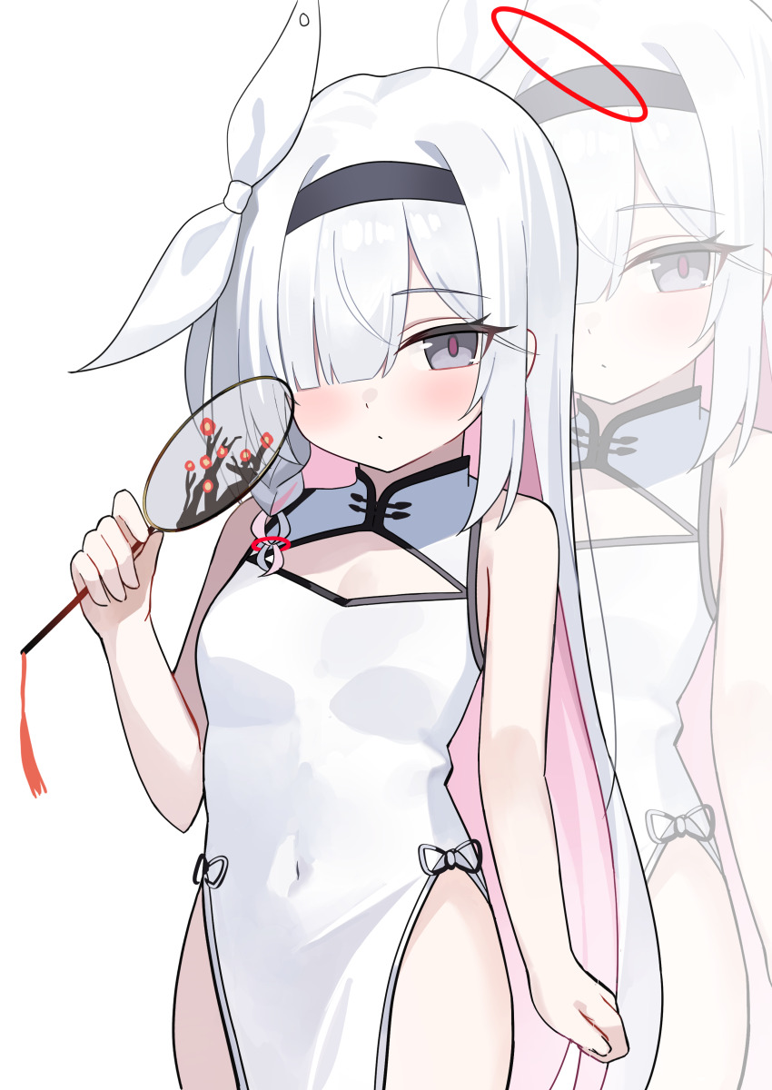1girl absurdres black_headband blue_archive blush breasts china_dress chinese_clothes colored_inner_hair commentary_request dress grey_eyes hair_over_one_eye halo hand_fan hand_up headband highres holding holding_fan loli long_hair looking_at_viewer muki_c multicolored_hair pelvic_curtain pink_hair plana_(blue_archive) red_halo red_pupils simple_background sleeveless sleeveless_dress small_breasts very_long_hair white_background white_dress white_hair zoom_layer