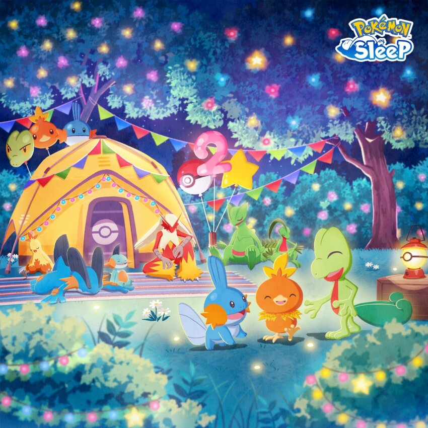 ^_^ anniversary balloon blaziken bunting bush closed_eyes combusken commentary_request copyright_name gen_3_pokemon grass grovyle lantern marshtomp mudkip night nintendo official_art open_mouth outdoors pokemon pokemon_sleep sceptile sleeping smile stairs starter_pokemon_trio swampert tent torchic tree treecko