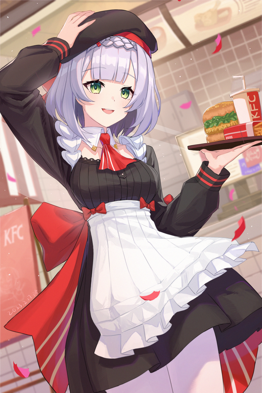 1girl absurdres apron arm_up braid burger cup drinking_straw eyebrows_hidden_by_hair falling_petals food french_fries genshin_impact green_eyes grey_hair hair_between_eyes hat highres holding holding_plate indoors kfc looking_at_viewer maid maid_apron noelle_(genshin_impact) noelle_(kfc)_(genshin_impact) open_mouth petals plate ribbon short_hair smile solo thighhighs wangqi white_thighhighs