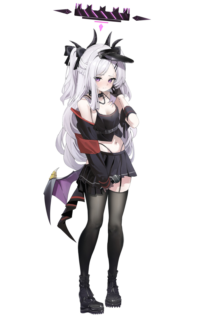 1girl absurdres alternate_costume alternate_hairstyle bare_shoulders bead_necklace beads black_boots black_choker black_garter_straps black_gloves black_horns black_ribbon black_skirt black_sleeves black_tank_top black_thighhighs black_visor blue_archive blush boots choker closed_mouth demon_girl demon_horns demon_wings detached_sleeves double-parted_bangs garter_straps gloves hair_ornament hair_ribbon hairclip highres hina_(blue_archive) holding holding_microphone horns inu_lin jewelry loli long_hair looking_at_viewer microphone multiple_horns navel necklace pleated_skirt ponytail purple_eyes ribbon sidelocks single_detached_sleeve skirt solo spiked_choker spikes sweatdrop tank_top thighhighs visor_cap white_hair wings