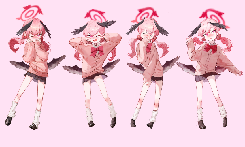 1girl :d absurdres alternate_costume black_skirt blue_archive blush bow bowtie cardigan closed_eyes collared_shirt embarrassed feathered_wings frown full_body furrowed_brow halo head_wings highres koharu_(blue_archive) kongaru_123 loafers looking_at_viewer looking_to_the_side loose_socks low_twintails low_wings medium_hair miniskirt multiple_views multiple_wings one_eye_closed open_mouth pink_background pink_cardigan pink_eyes pink_hair pink_halo pleated_skirt school_uniform shirt shoes shy simple_background skirt sleeves_past_wrists smile socks standing twintails winged_halo wings zako_(vocaloid)